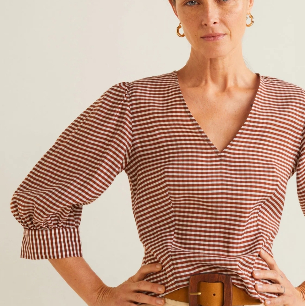 NWT Mango Gingham Puff Sleeve Blouse - Picture 5 of 16
